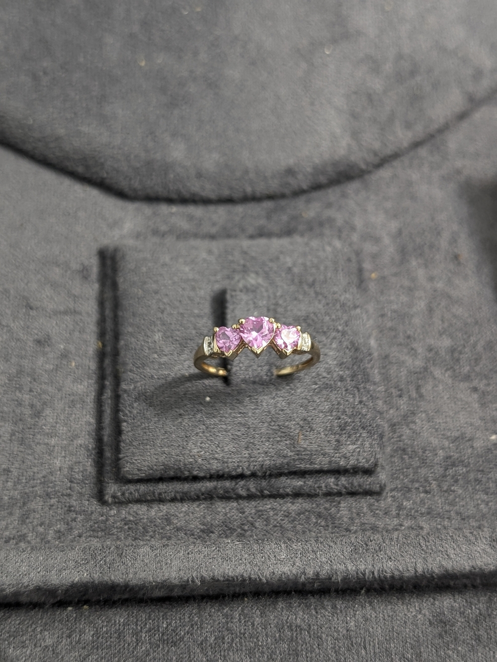 10K Gold Sapphire Pink Heart Trio Diamond Ring Size 7 Past Present Future LGL